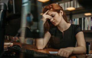 woman at a desk and computer with her hand on her forehead showing stress and change fatigue